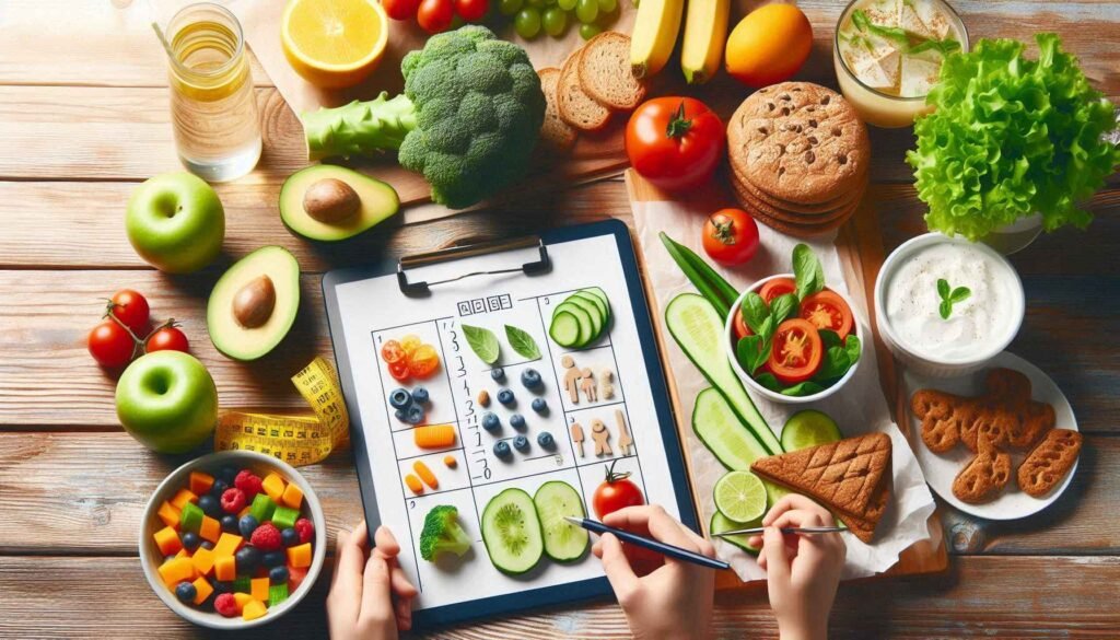 A family of four enjoying a colorful, balanced meal at the dinner table with fruits, vegetables, and whole grains.