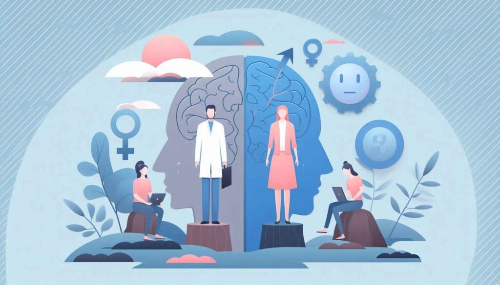 Illustration of diverse individuals representing different genders and mental health challenges.