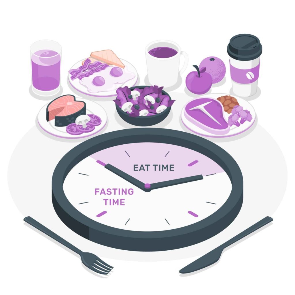 Illustration showing the different methods of intermittent fasting with benefits like weight loss, improved insulin sensitivity, and cellular repair.