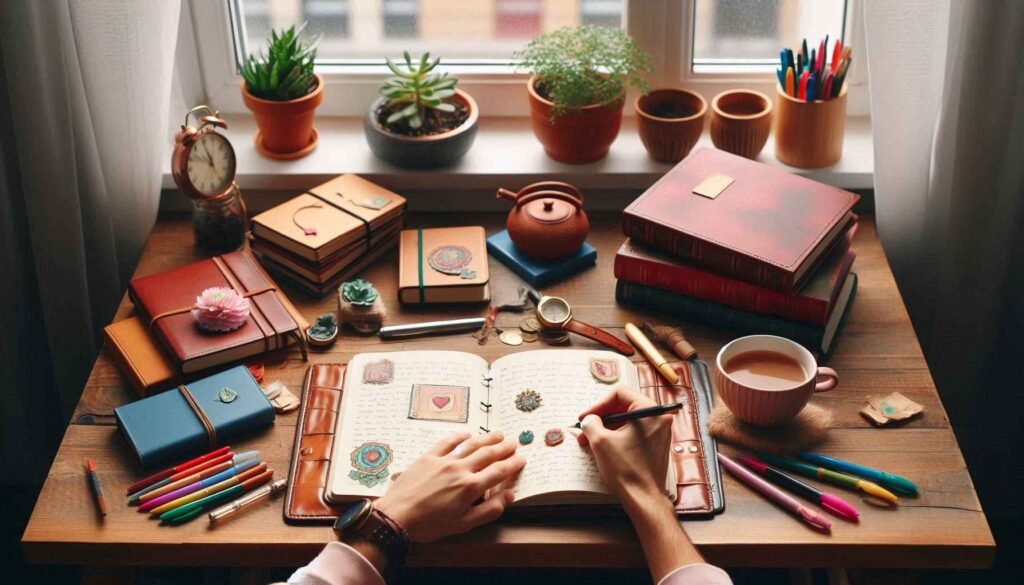 Person writing in a journal with a cup of coffee, emphasizing emotional health and relaxation.