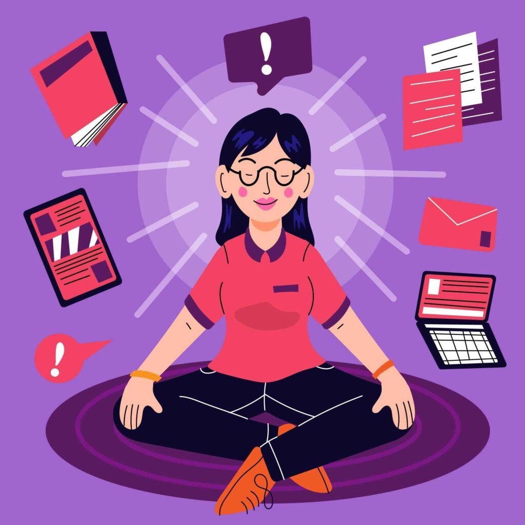 Person practicing mindfulness meditation at a desk, focusing on breath and relaxation during a busy workday.