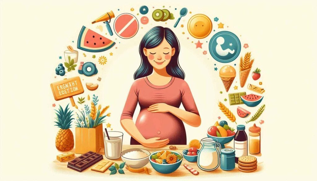 A pregnant woman holding a plate of fresh fruits and vegetables, representing a balanced and nutritious pregnancy diet."