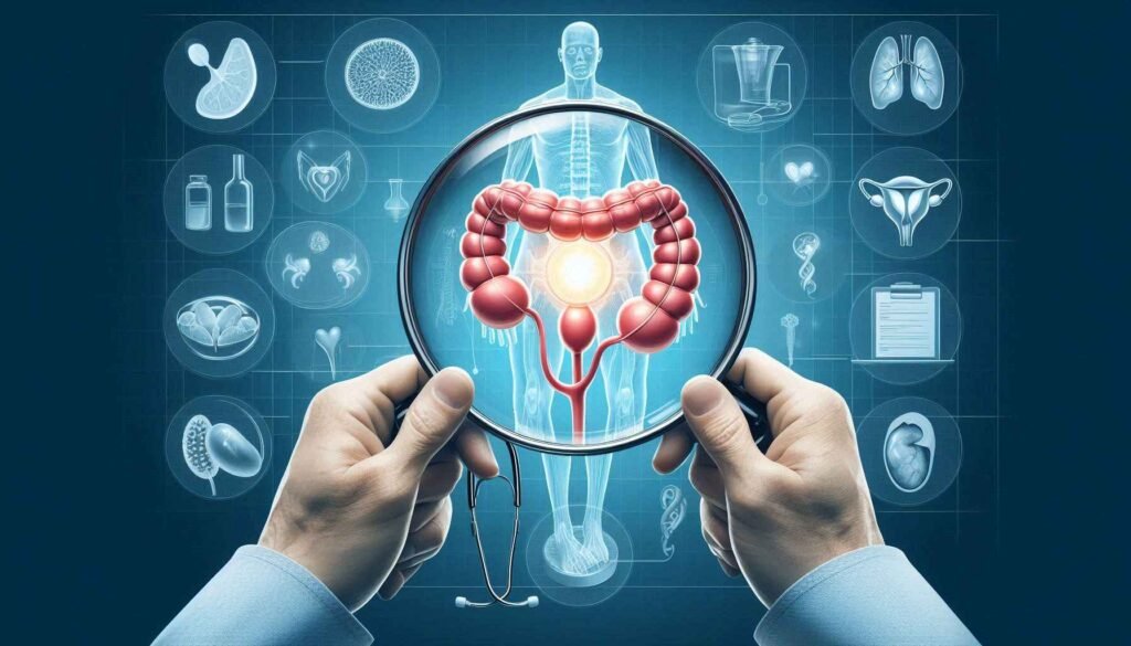 Diagram of the male reproductive system highlighting the prostate gland, showing symptoms and screening techniques."