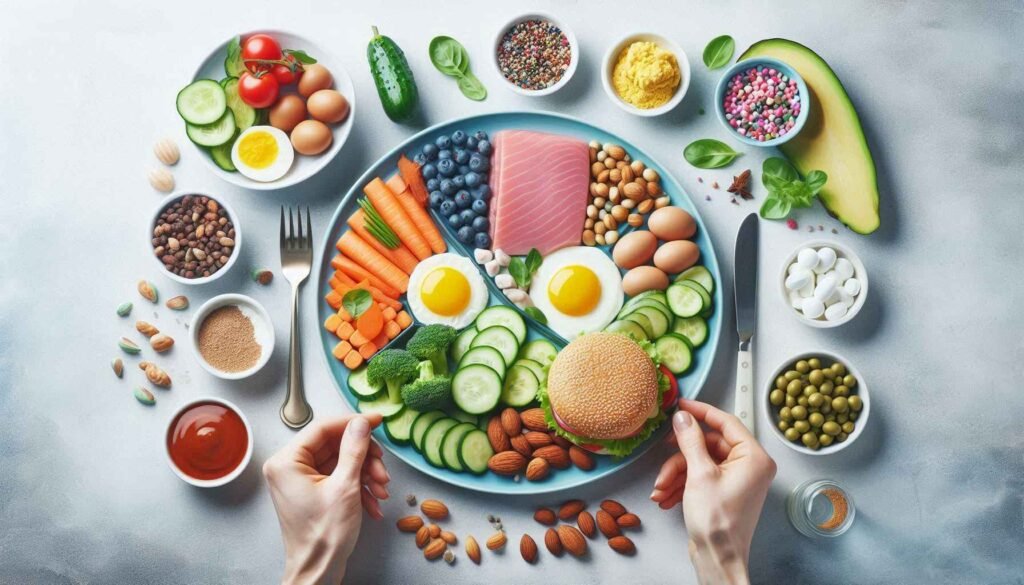 "A balanced plate showing proper portions of protein, vegetables, whole grains, and healthy fats."