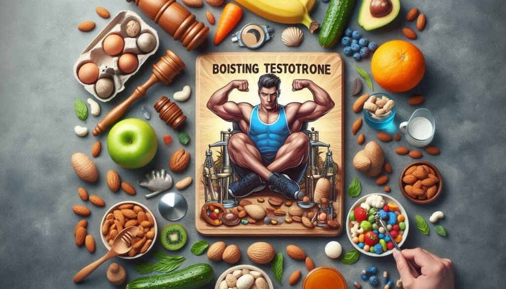 Healthy foods and exercises that naturally increase testosterone levels, including weightlifting, leafy greens, eggs, and nuts.