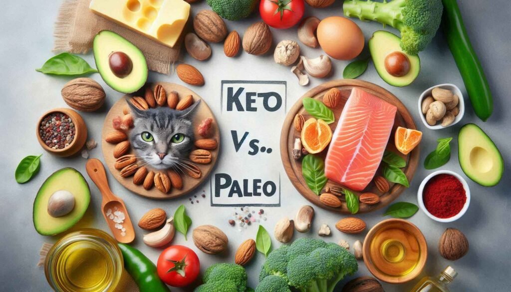 Comparison of foods allowed in Keto and Paleo diets including meats, vegetables, fruits, and healthy fats."