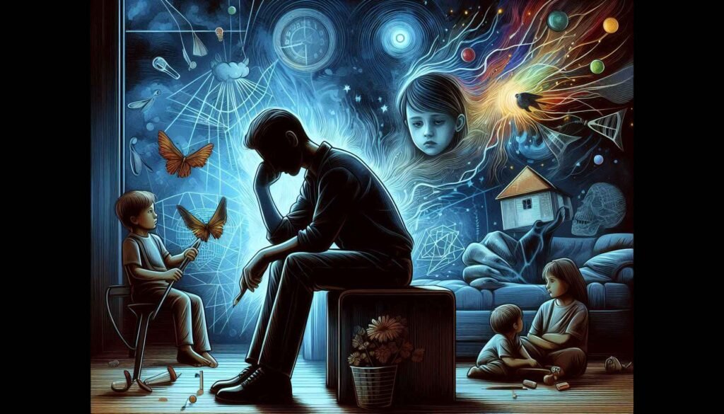 Illustration of a person with fragmented pieces symbolizing the emotional effects of childhood trauma."