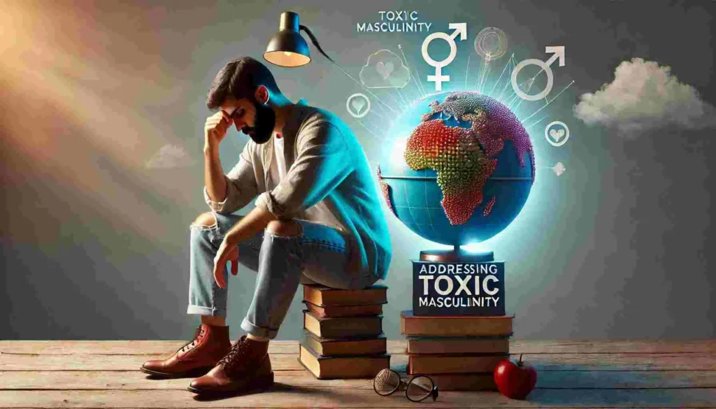 A man reflecting with his head in his hands, symbolizing the struggle with toxic masculinity and mental health.