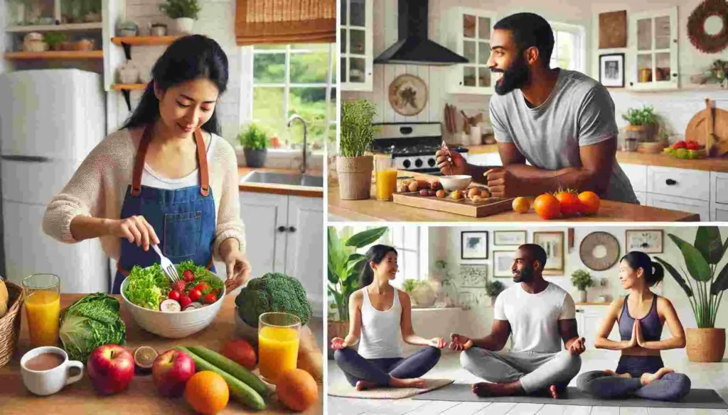 A nutritionist creating a personalized meal plan for a client, with healthy food items on the table.