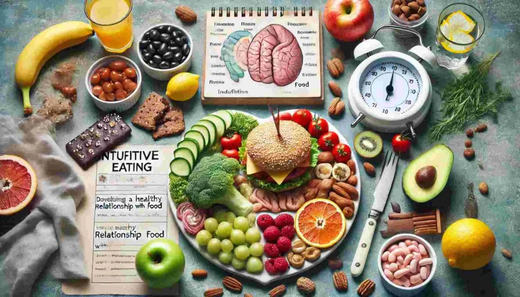 A person sitting at a table, enjoying a healthy and balanced meal with a smile, representing intuitive eating and mindful food choices.