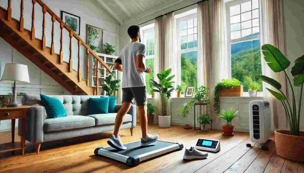 Person walking indoors on a treadmill with a cheerful expression, showcasing an effective indoor walking workout.