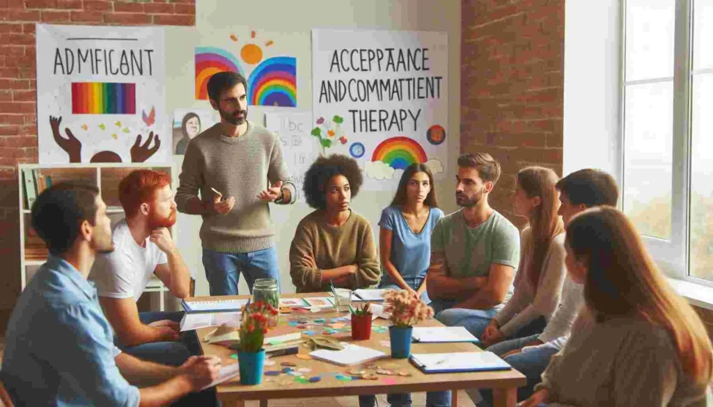 A therapist guiding a client through mindfulness exercises as part of Acceptance and Commitment Therapy