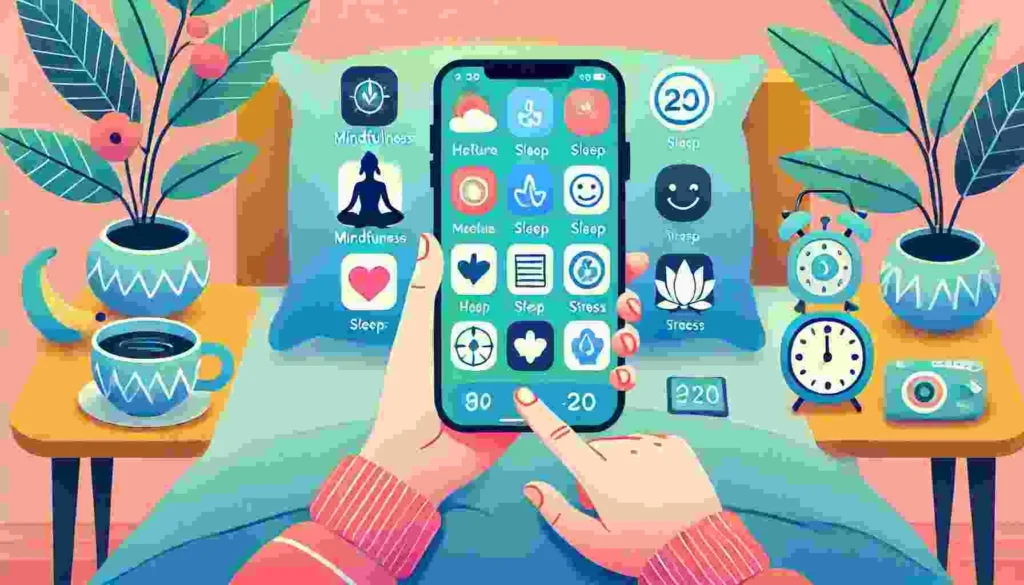 Person using a mindfulness app on a smartphone for stress relief and better sleep.