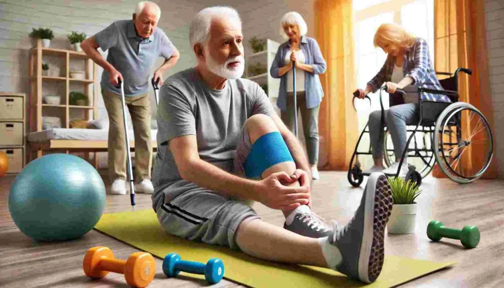 Elderly woman standing on one leg for a balance exercise in a bright living room