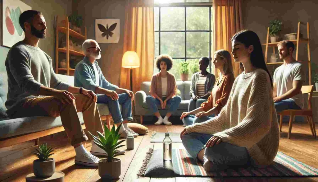 Therapist guiding a client through mindfulness meditation during a therapy session.