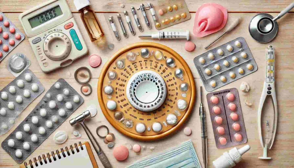 A variety of contraceptive methods including pills, condoms, IUDs, and implants for family planning and reproductive health.