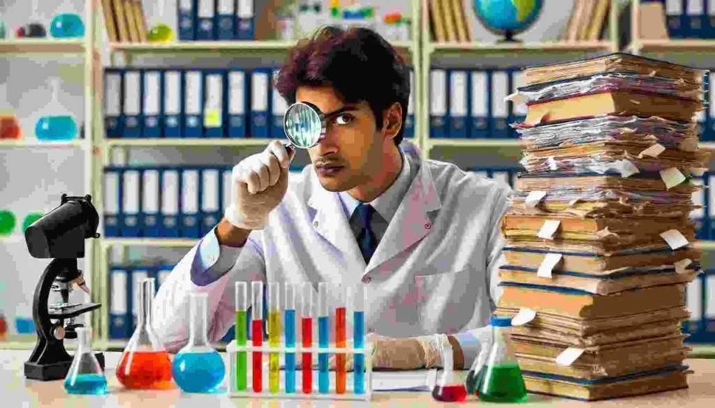 Scientist in a lab coat working with vaccine samples under a microscope in a sterile laboratory environment.