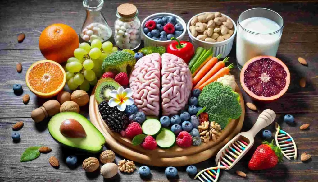 A spread of brain-boosting foods including salmon, blueberries, leafy greens, nuts, and dark chocolate on a wooden table.