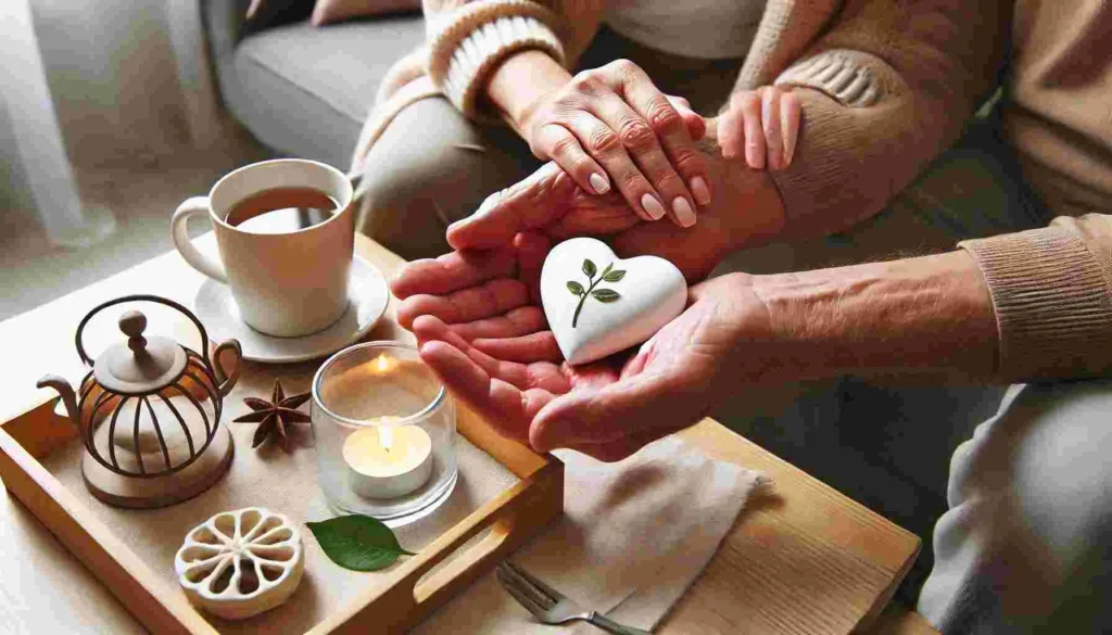 A caregiver gently holding hands with an elderly person with dementia, offering support and comfort.