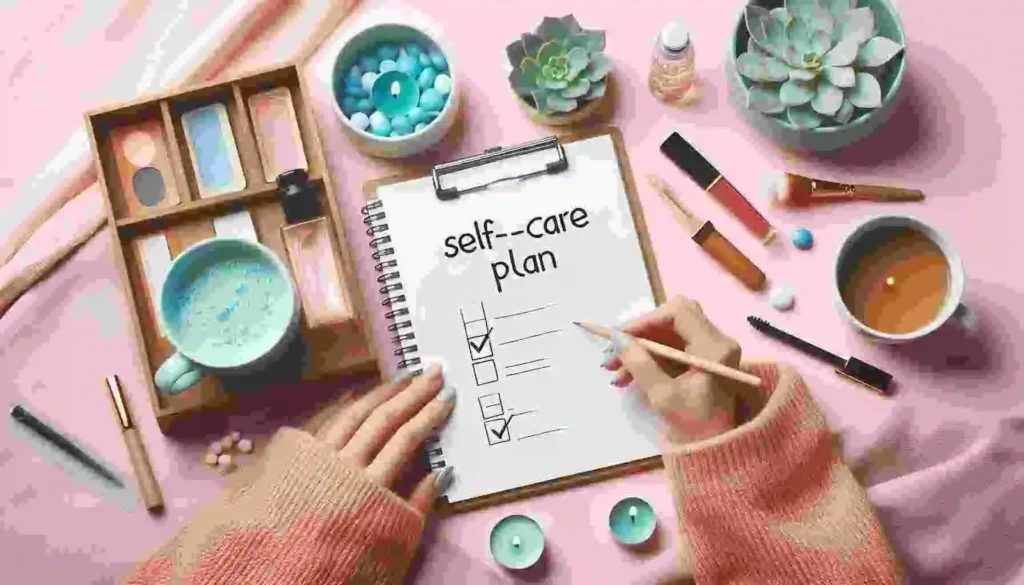 Woman writing in a self-care journal while drinking tea at home