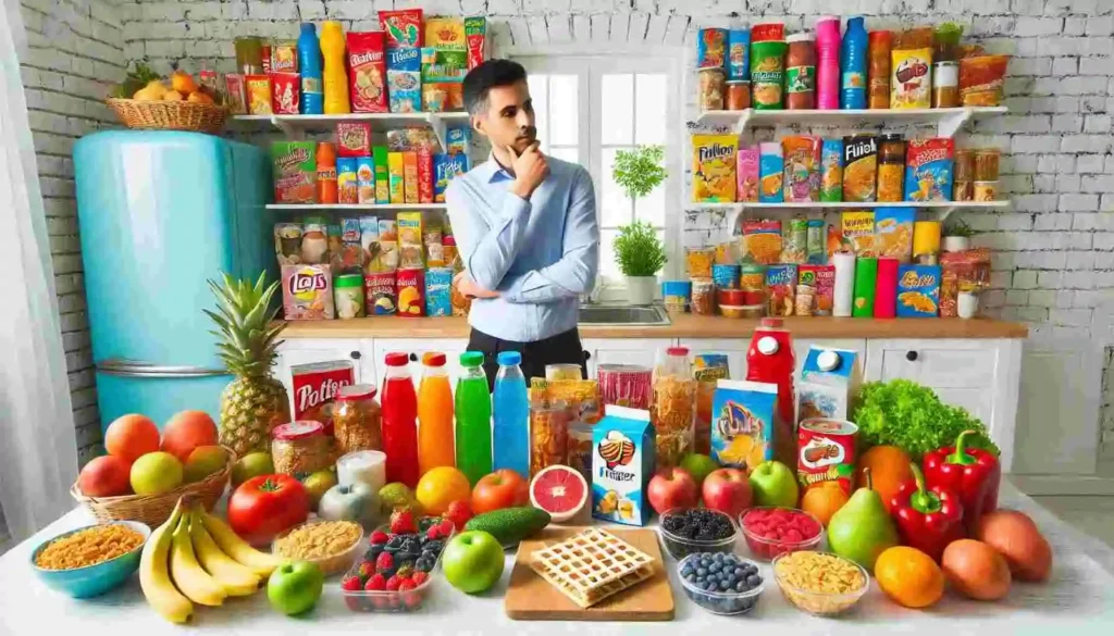 Person choosing fresh vegetables over processed snacks, promoting healthy eating choices.