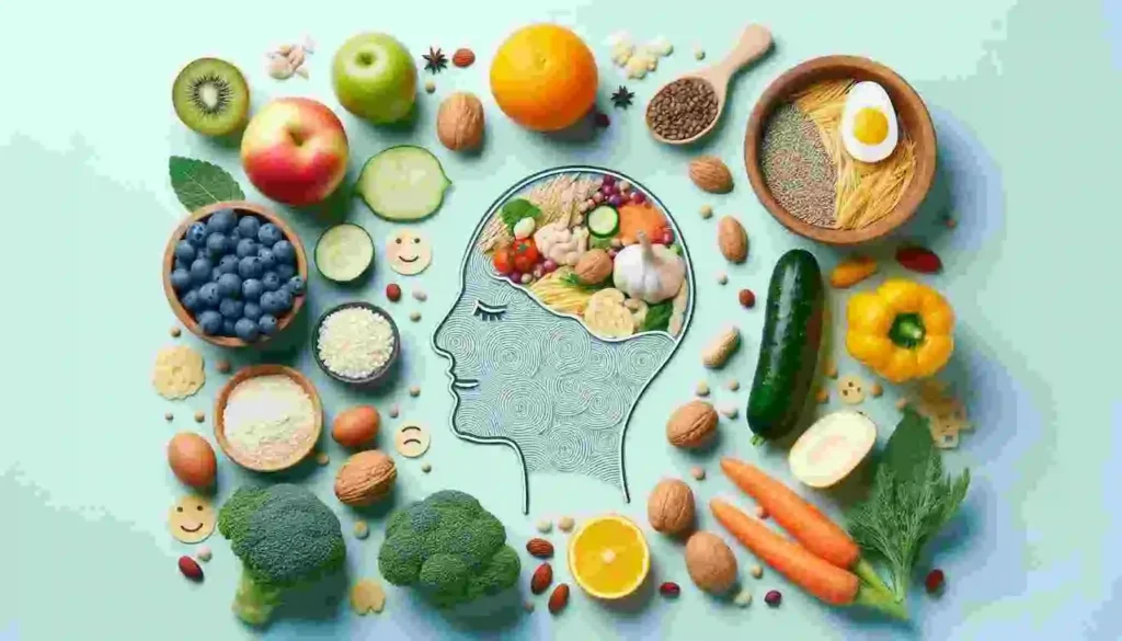 Healthy foods like salmon, avocado, nuts, and leafy greens that help reduce anxiety and boost mood for mental wellness.