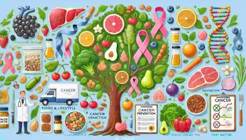 An assortment of fresh vegetables, fruits, and nuts symbolizing healthy choices for cancer prevention.